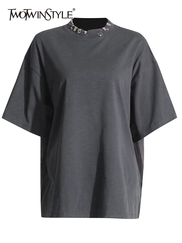 

TWOTWINSTYLE Solid Casual Minimalist Loose T Shirts For Women Round Neck Short Sleeve Pullover T Shirt Female Fashion Clothes