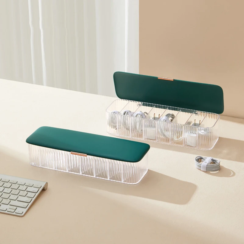 

Dustproof 8 grid data cable storage box with cover Transparent Plastic Data Line Storage Container for Desk Stationery