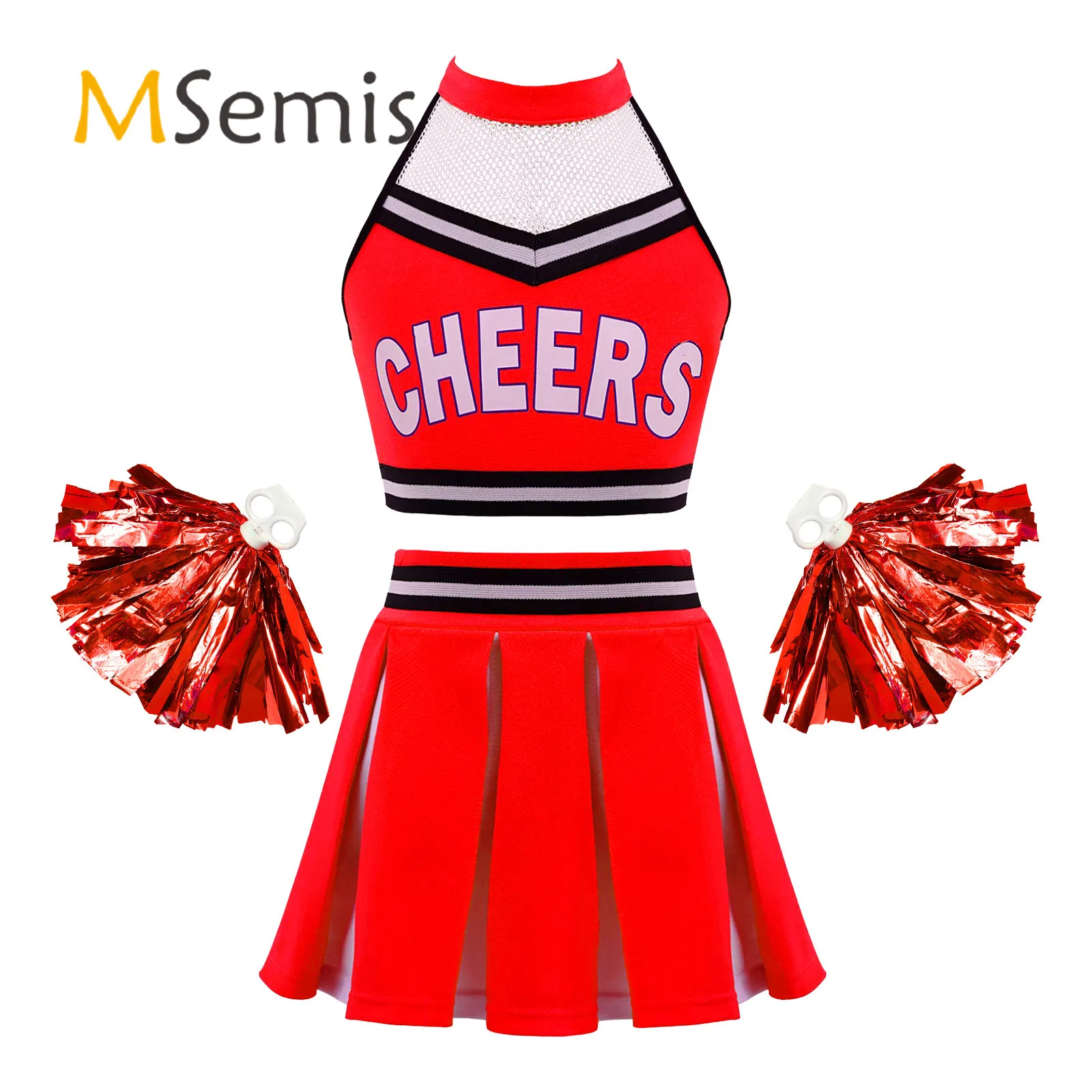 Kids Girls Cheerleading Uniform Cheerleader Dance Costume Halter Neck Backless Crop Top with Elastic Waistband Pleated Skirt