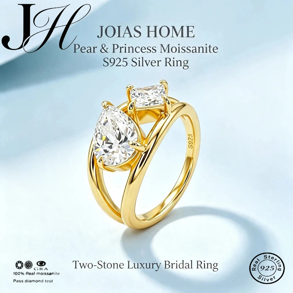 Фото Кольцо JOIAS HOME из серебра 925 пробы с позолотой, с муассанитом в форме груши, для женщин, свадебное, помолвочное, обручальное, кольцо-обещание. №1