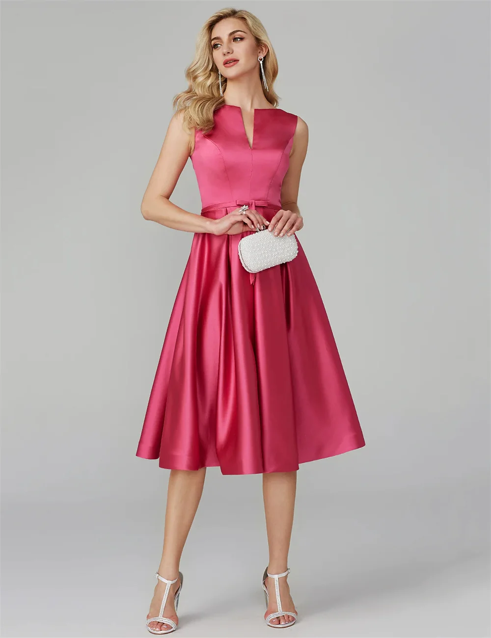 

A-Line Minimalist Elegant Cocktail Party Prom Valentine's Day Dress V Wire Sleeveless Knee Length Satin with Sash Ribbon 2023