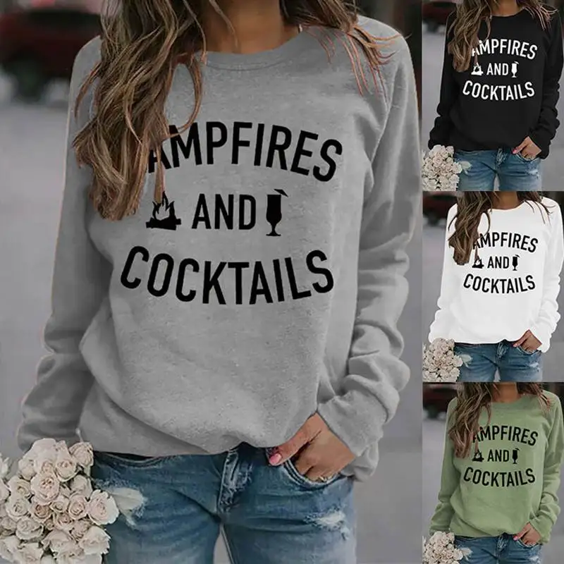 Autumn and winter new women's clothing CAMPFIRESANDCOCKTAILS letter print retro round neck sweater