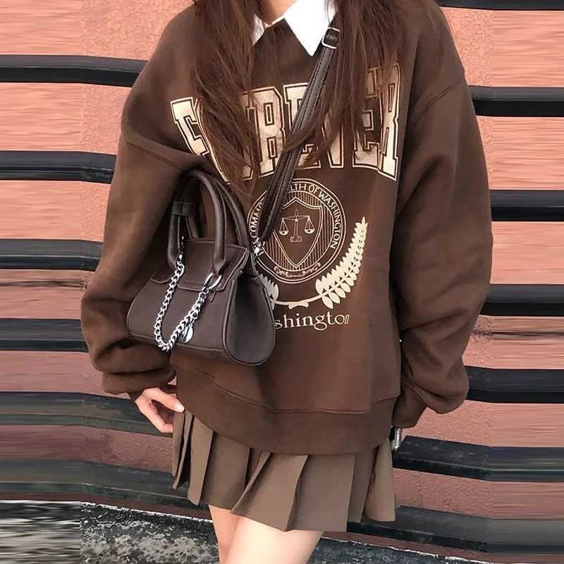 2022 Loose Round Neck Hoodies Brown Sweater Jacket Autumn Indie Clothes Harajuku Goth Graphic Hoodie