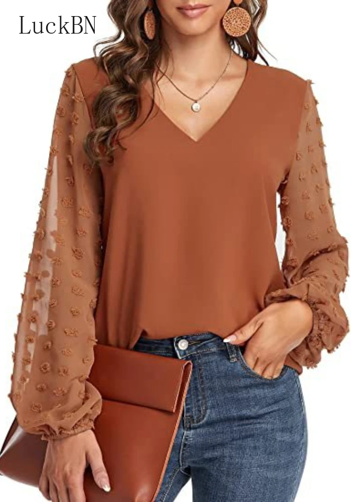 

V Neck Long Sleeve Solid Women Blouse 2022 Spring Fashion Elegant Office Work Shirts Tops Lady Plus Size Casual Chiffon Blouses