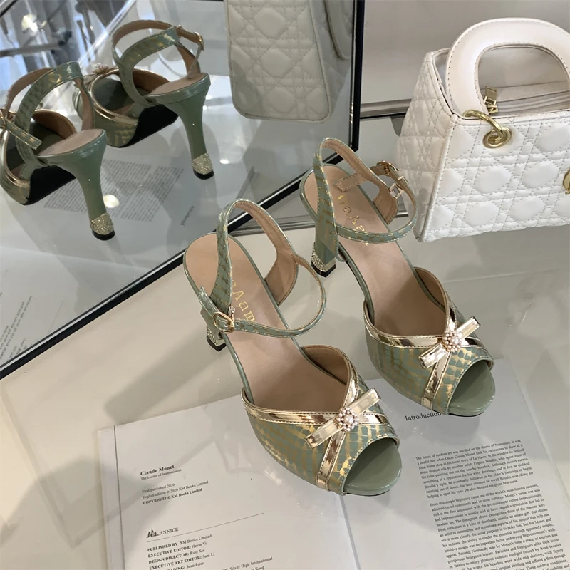 Women Green Sandals Classic Pearl Bow New In Dresses Shoes Designer Party Platform Sandals Summer 2023 Ladies High Heels