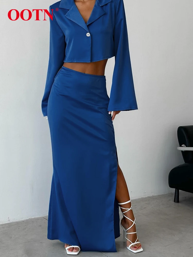 

OOTN Office Crop Top Notched Collar Shirts Sexy Hollow Out Long Straight Skirts Two Piece Sets Women Elegant Suits Outfits 2023