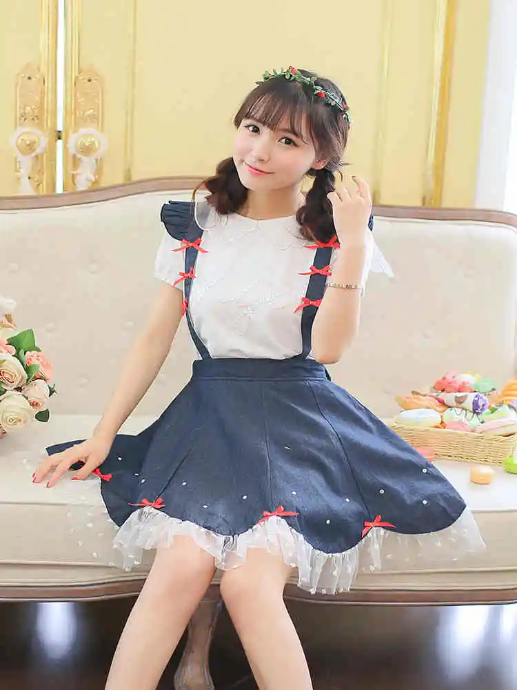 

SALES Wings Shoulder Suspender Lace Embroidery Bows Denim Skirts