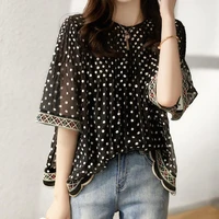 embroidery loose and thin two piece top ethnic style retro chic shirt women 2022 spring and summer new ladies tops