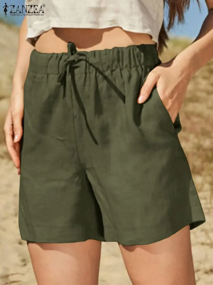 

Шорты ZANZEA женские повседневные пляжные с эластичным поясом, модные однотонные хлопковые праздничные брюки палаццо, летние