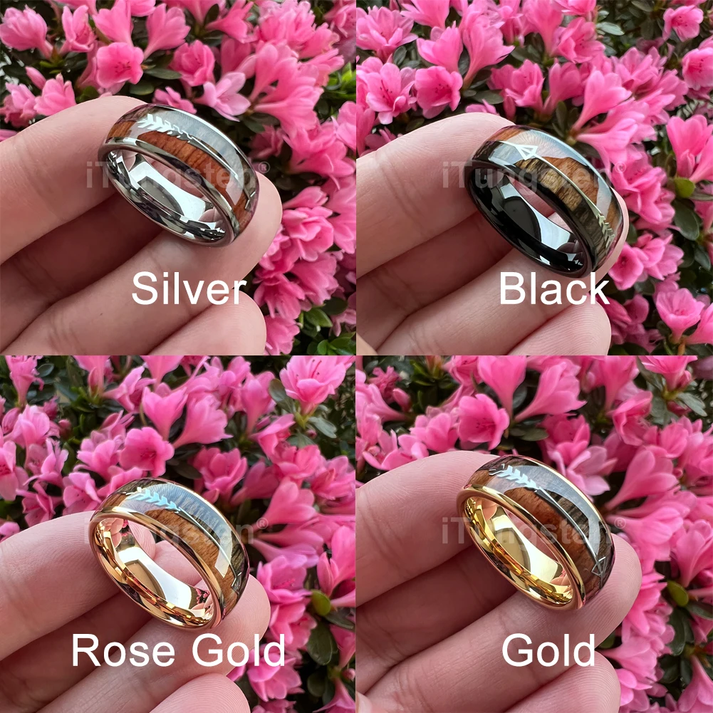 iTungsten 6mm 8mm Tungsten Carbide Ring for Men Women Engagement Wedding Band Fashion Jewelry Arrow Koa Wood Inlay Comfort Fit