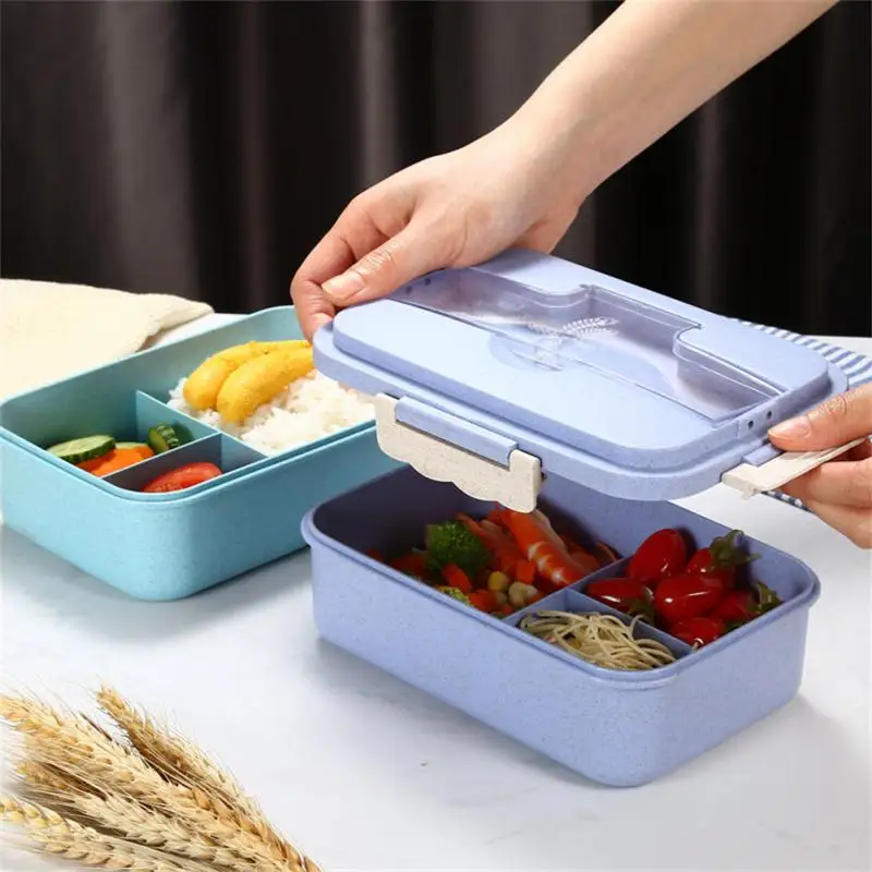 

Wheat Straw Portable Lunch Box Three-compartment Large Capacity Lunch Box With Chopsticks And Spoon Set Heated By Microwave Oven