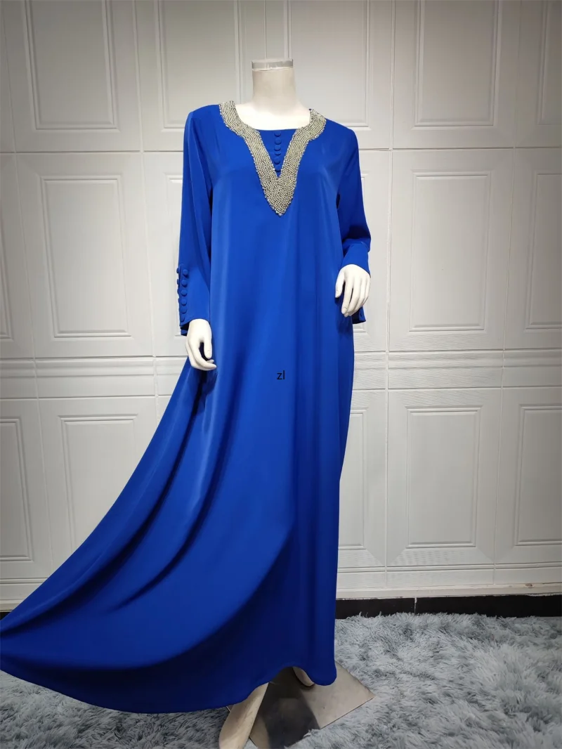 Elegant Dresses For Women Fashion Diamonds Button Decoration Long Sleeve Party Prom Dress Ramadan Muslim Women Clothing