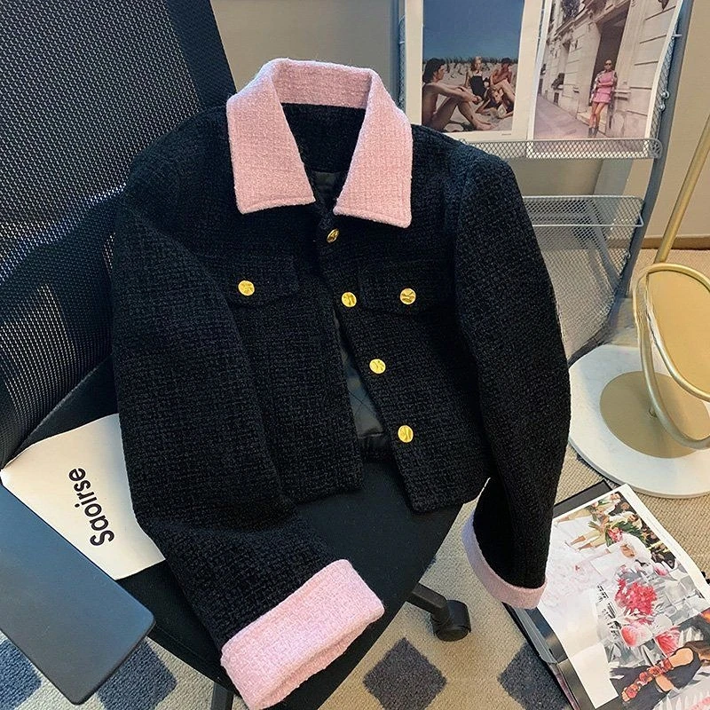 Пальто винтажные короткие пиджаки черный твидовый кардиган Jaqueta Feminina осенняя