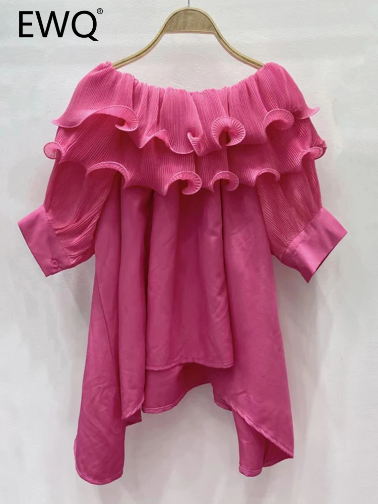 

EWQ Elegant Solid Slash Neck Ruffles Patchwork Strechy Folds Shirt Women Leisure Elastic Blouse 2023 Summer New Tide SM6104