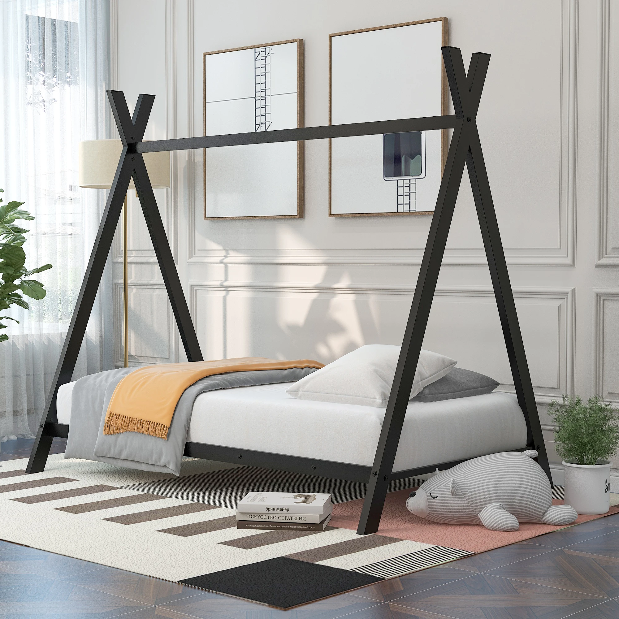Twin Size Metal Floor Play House Bed With Slat For Kids Girls Boys ,75x47.95x67.11cm，76.80x72.40x67.70
