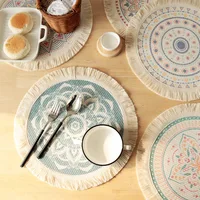 6pcs Boho Coasters Round Woven Placemats With Tassel All-match Printing Home Kitchen Decorative Thick Insulation Mat Photo Props