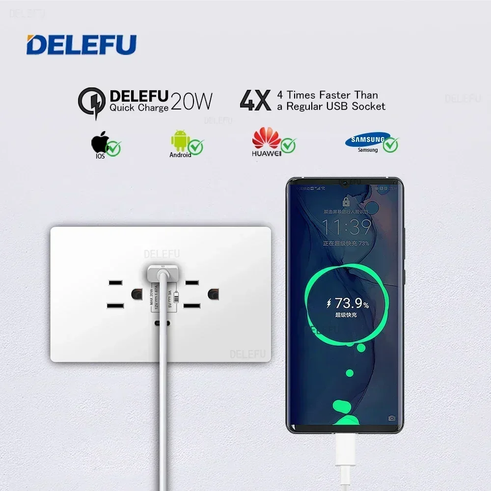 DELEFU огнестойкая белая панель ПК Мексика стандарт типа C быстрая зарядка розетка