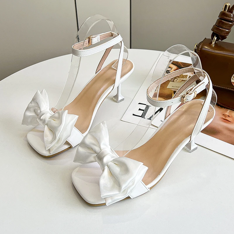 

2022 New Summer Women's High-heeled Sandals Open Toe Square Toe Buckle with Bow Decorative Buckle Solid Color Temperament