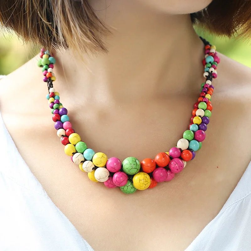 

Boho Rainbow Color Matching Semi-precious Stone Women's Necklace Collarbone Chain Thai Wax Thread Hand-woven Ethnic Necklace