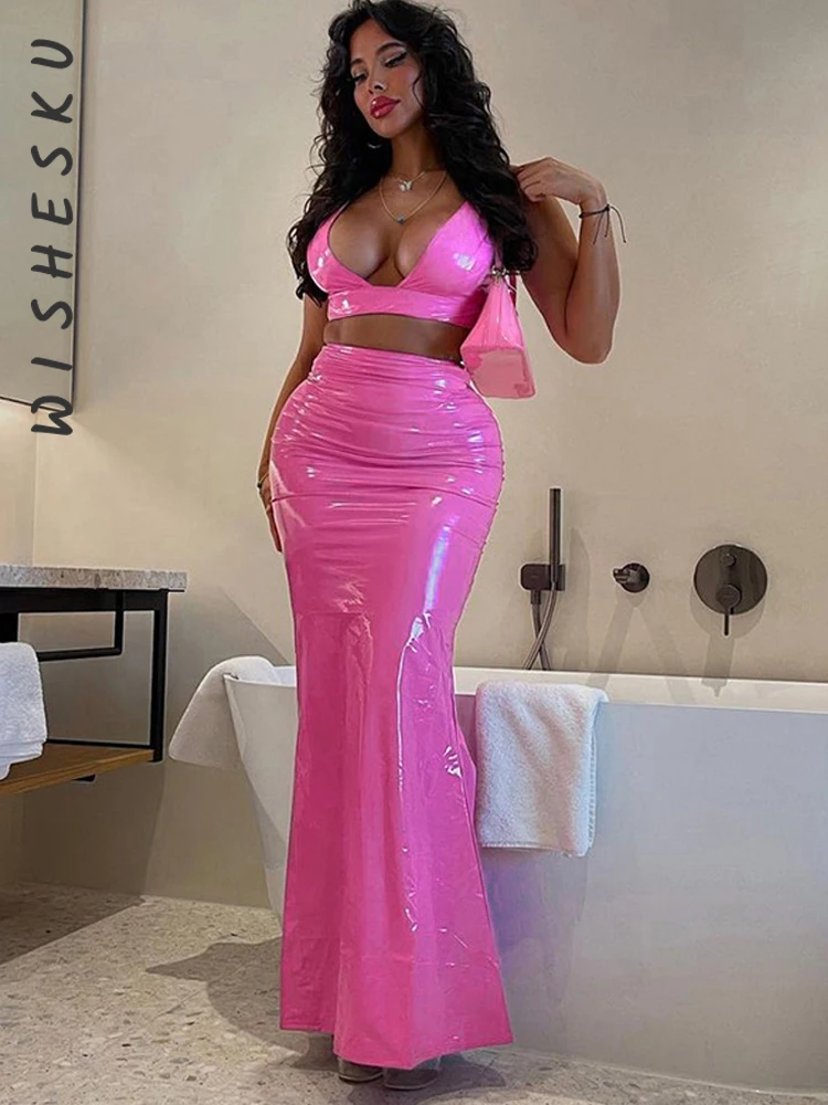

Two Piece Set Women Faux Leather Outfits Sexy Backless Lace Up Camisole Top+High Waist Casual Maxi Skirt 2022 Spring Fall Suits