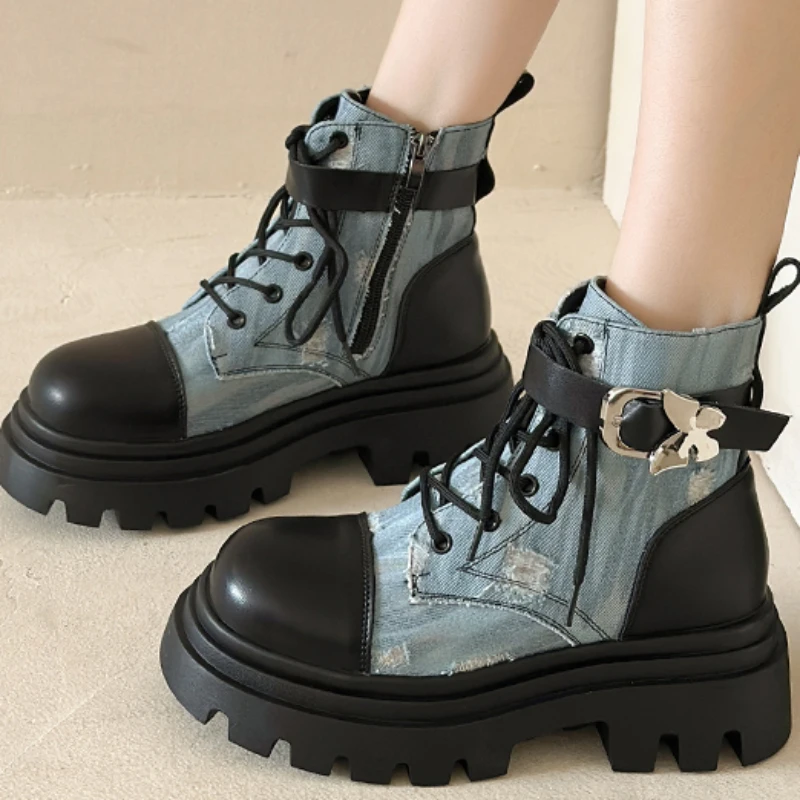 

Shoes Female 2023 Brand Platform Women's Boots Side Zip Ankle Boots Women Mixed Colors Lace Up Belt Buckle Round Toe Shoes Women