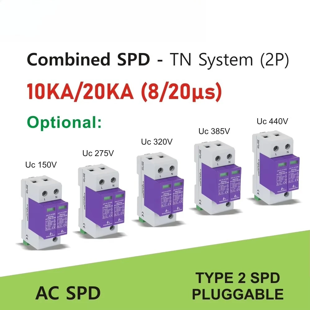 Фото Устройство защиты от перенапряжений AC SPD 385В 10кА-20кА T2 2P, однофазное устройство защиты от перенапряжений низкого напряжения 220В-240В. №3