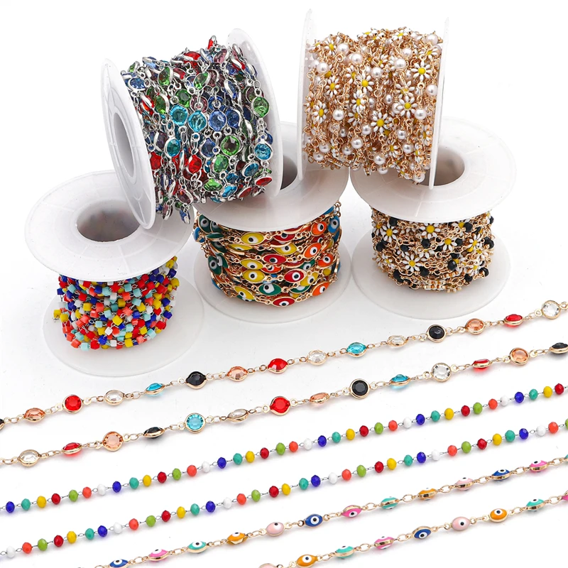 

50cm Handmade Daisy Flower Evil Eye Rhinestone Crystal Beaded Copper Chain Connector for Necklace Bracelet DIY Jewelry Making