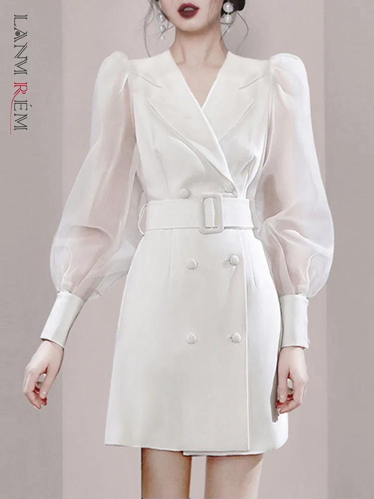 

LANMREM High End Medium Blazer 2022 Autumn New Puff Sleeve Double Breasted Stitching Suit Coat With Belt Ladies Fashion 2R2895