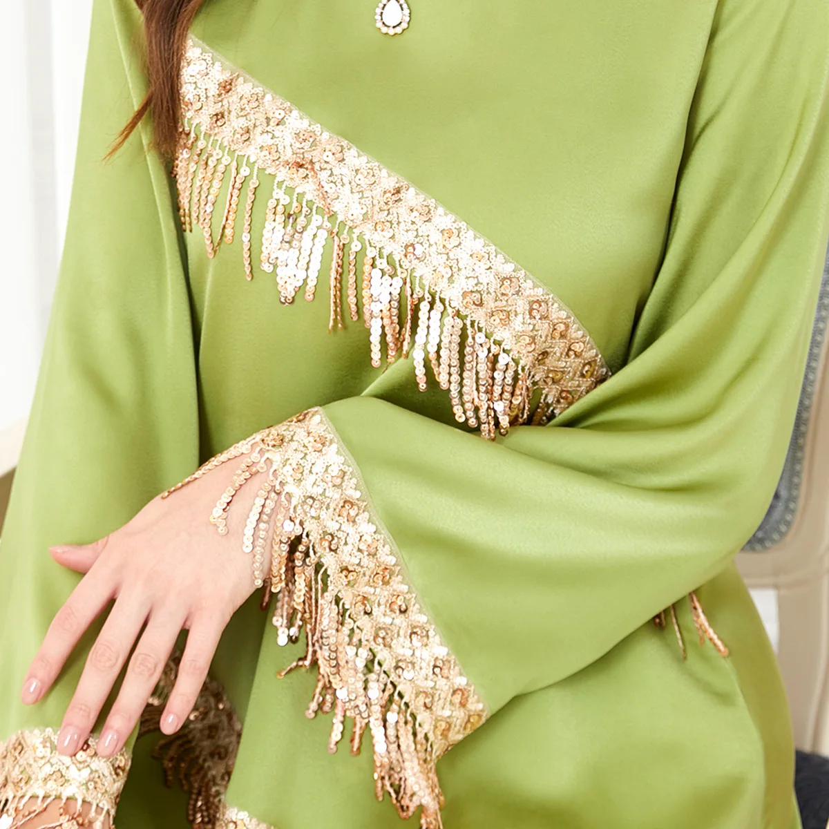 Morocco Party Dress Muslim Women Abaya Prayer Green Caftan Maxi Tassel Dresses Robe Abayas Dubai Turkey Longue Vestidos Largos