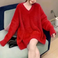 womens luxury mink cashmere sweater autumn oversized loose knit pullover women winter v neck thick warm christmas sweaters red