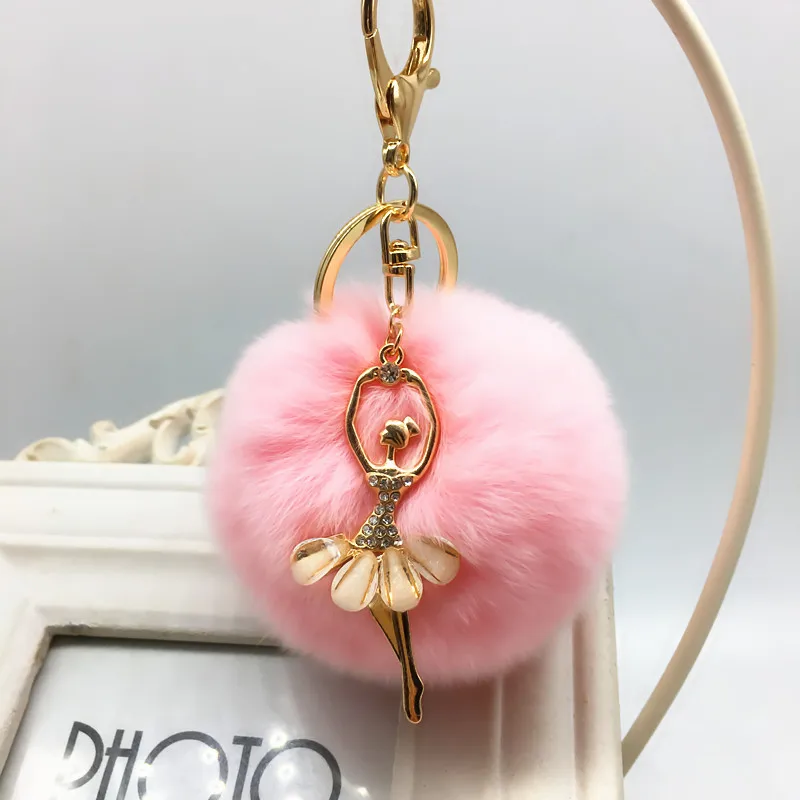 Fashion Rhinestone Ballerina Keychain Cute Imitation Rabbit Fur Pompom Keyring For Women Bag Pendant Car Key Holder Gifts