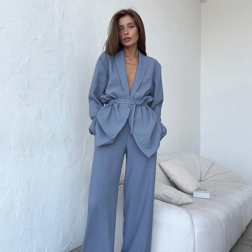 

Fashion Cardigan Tops Robes with Belt and Pajama Pants Homewear Suit Simplicity Casual Women's Pajama Conjuntos De Mujer