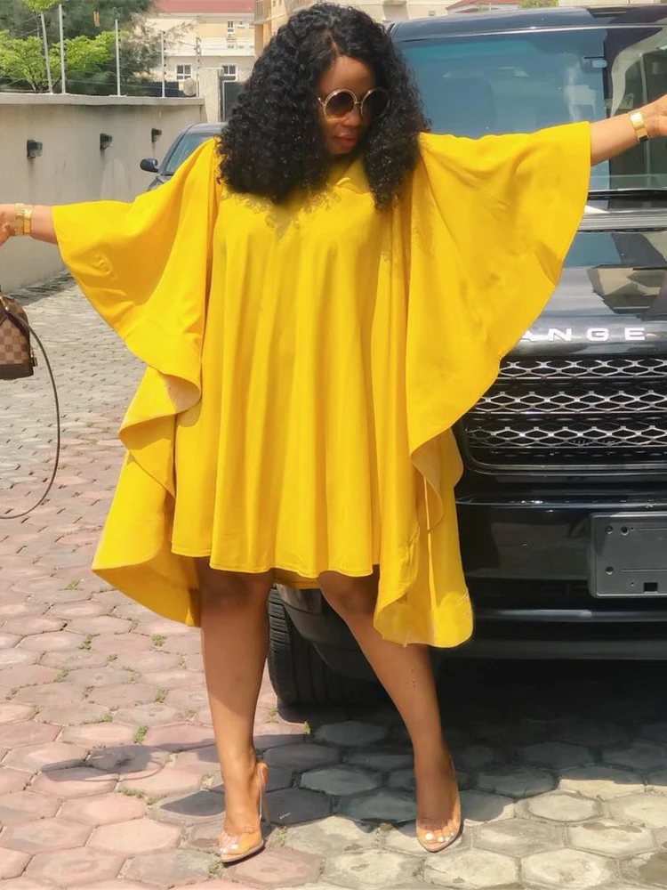 

Women Yellow Loose Dresses Large Size Ladies O Neck Pleated Batwing Sleeves Solid African Fashion Casual Spring Summer Female
