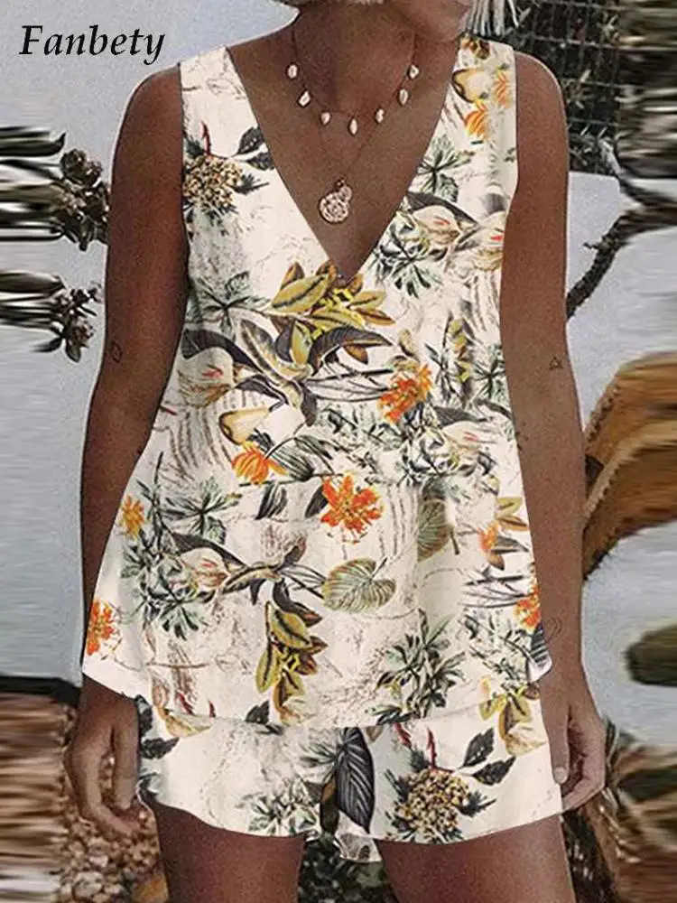 

Women Vintage Pattern Print Pullover Tops +Fashion Shorts Suits Summer Casual V-Neck Sleeveless 2 Piece Set Ladies Fashion Sets