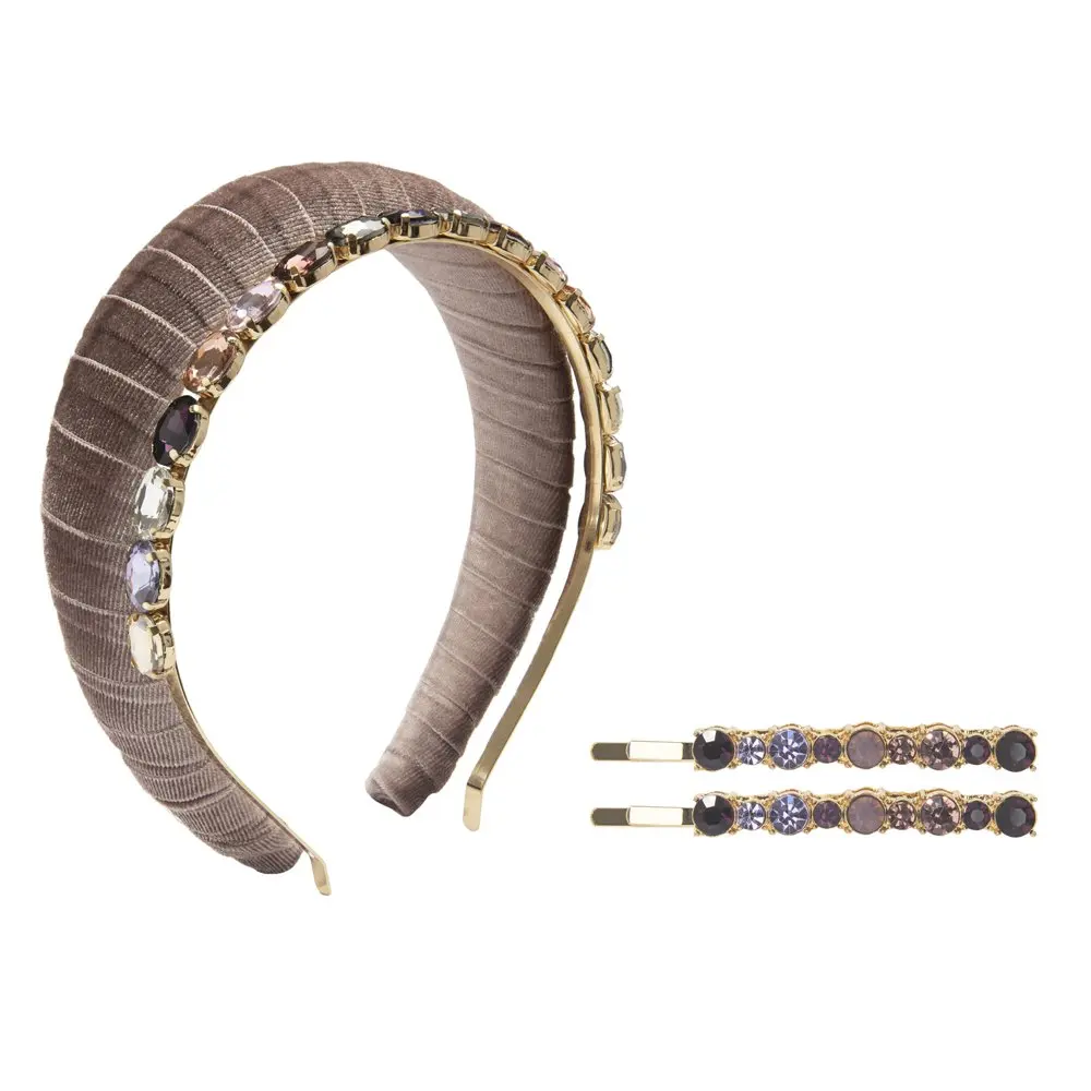 

free shipping Set of 2 Pink Velvet Headband with Metal Stones and Bobby Pins