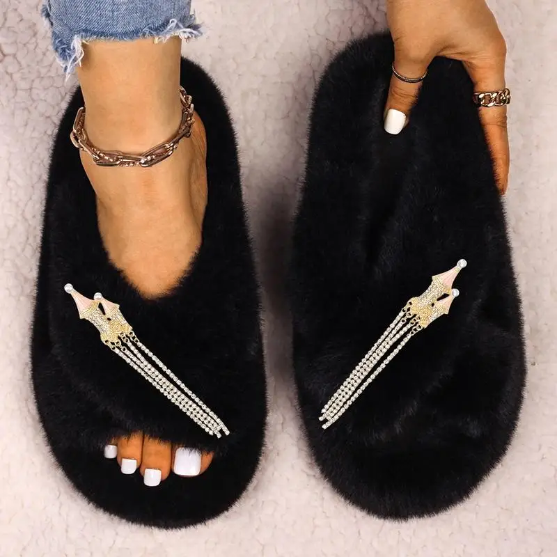 Women's Fluffy Slippers Fairy Dream Castle Tassel Decor Faux Fur Slides Sandals Female Winter Warm Shoes Ladies Soft Slippers