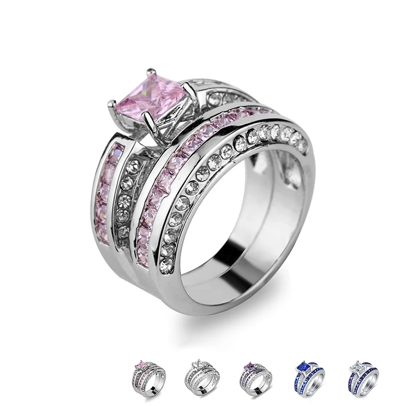 

Exquisite Sliver Plated Double Rings For Women Romantic Crystal Zircon Wedding Party Ring New Fashion Bridal Gifts Jewelry