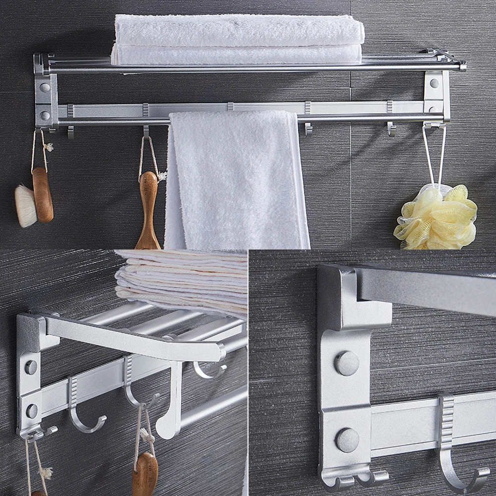 bright silver towel rack with movable hook aluminum holder bathroom accessories folding wall rail organizer hanger storage shelf free global shipping