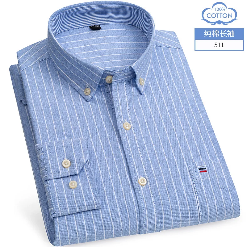 Oxford Cotton Shirt Men Long Sleeve Plaid Striped Shirts Solid Color 100% Cotton Casual Shirts for Men Business Camisas Hombre