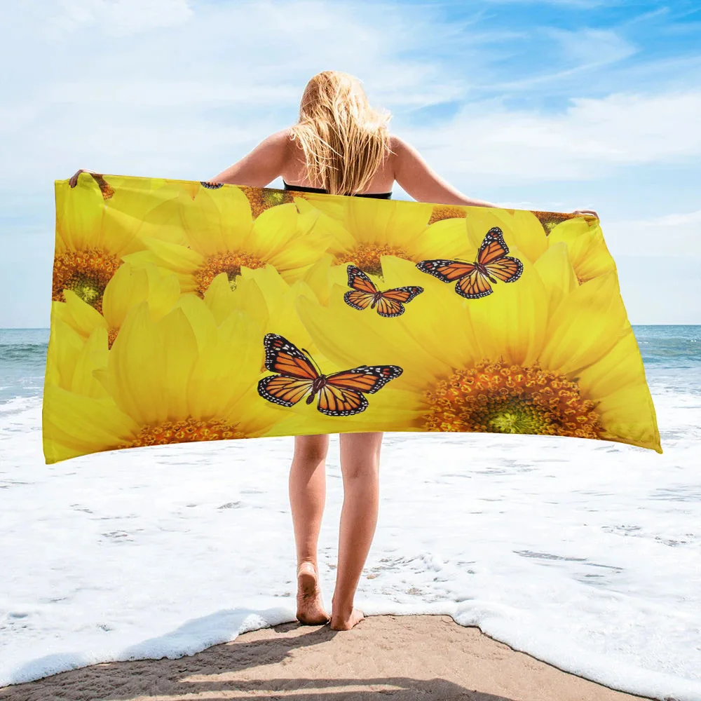 

Yellow Sunflower Butterfly Plant Bath Towel Camping Bathroom Accessories Microfiber Beach Towel Home Bath Towels for Adults
