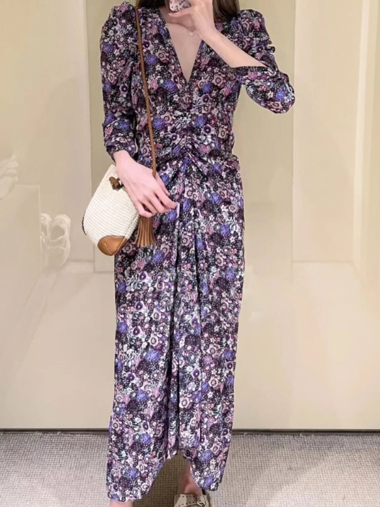 

Женское плиссированное платье до щиколотки, новое осеннее платье с V-образным вырезом и цветочным принтом, длинными рукавами-фонариками, 2022