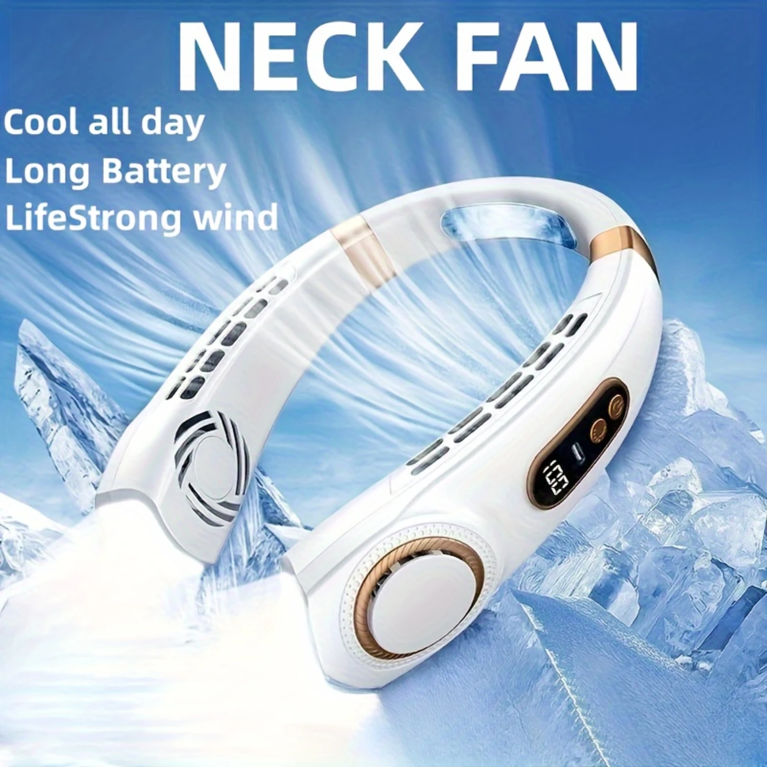 1pc Portable Neck Fan With 5-Speed Adjustable Bladeless Hanging Design USB Rechargeable LED Digital Display Quiet Operat
