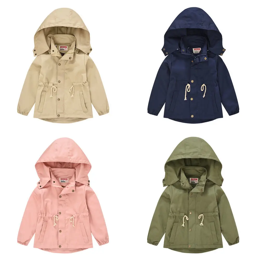 

Children's New Spring and Autumn Style Boys and Girls' Belt Cap Detachable Diagonal Pocket Solid British Style Trench Coat