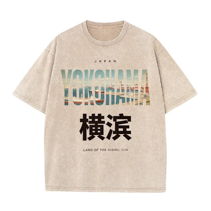 Фото Винтажная модная хлопковая футболка с графическим принтом Yokohama City, ультрамягкая, с круглым вырезом, с короткими рукавами, унисекс, повседневные топы для мужчин и женщин №1