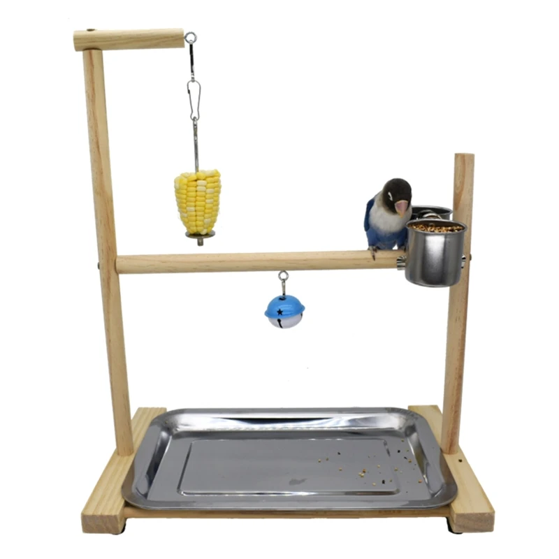 

Bird Perch Wood Stand Toy Parrot Playground with Feeding Cups Fruit Feeder G2AB
