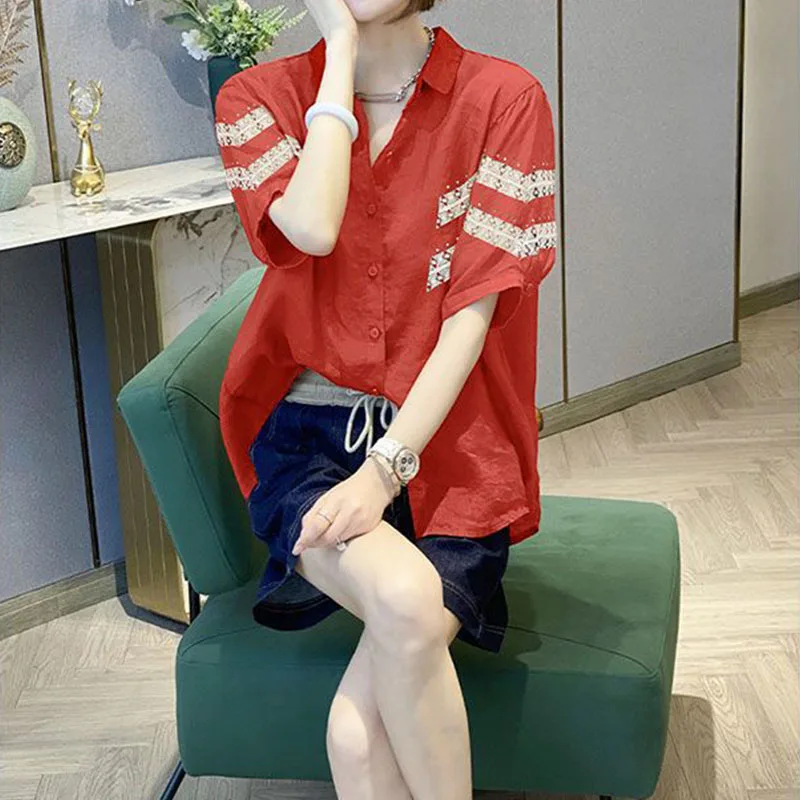 

Fashion All-match Temperament Single Breasted Short Sleeve Blouses 2023 New Splicing Splicing Women's Clothing Tops T-Shirt