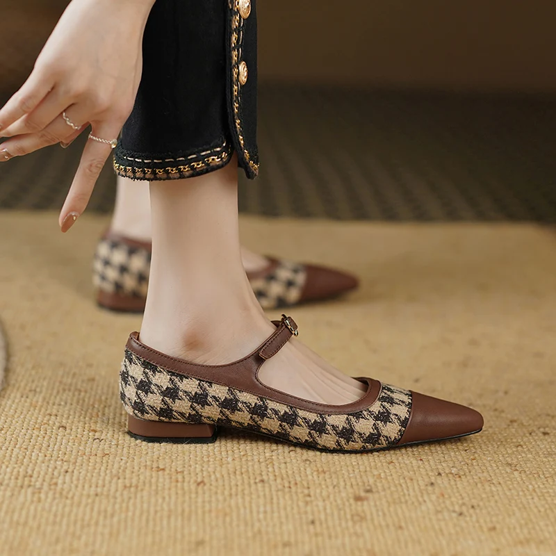 

2023 new spring women pumps natural leather 22-24.5cm length cowhide +houndstooth+pigskin mixed color buckle Mary Jane shoes