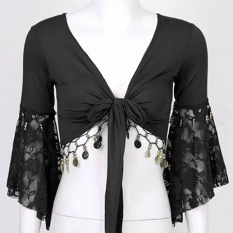 Женский кружевной кардиган TiaoBug в стиле пэчворк с рукавами три четверти бусинами