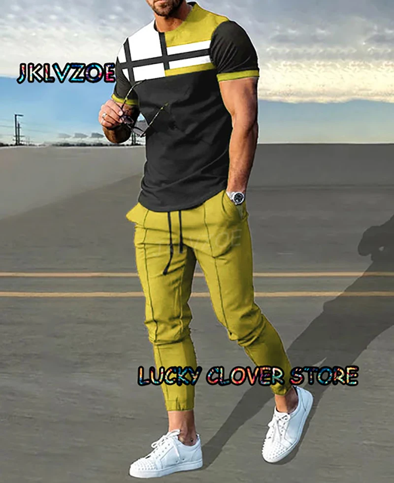 2023 Men Purple Stripe Multicolour Tracksuit 2 Piece Sets T-shirts+Pants Man Outfit Summer Suit Print Casual Sportswear Clothes