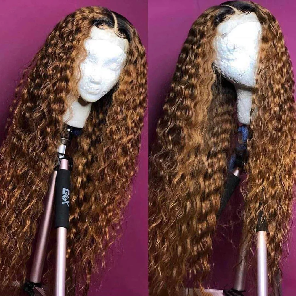 

Kinky Curly Wigs Highlight Curly 13X4 Lace Front Wigs Dark Root Ombre Brown Honey Blonde Synthetic Wigs Pre Plucked Babyhair